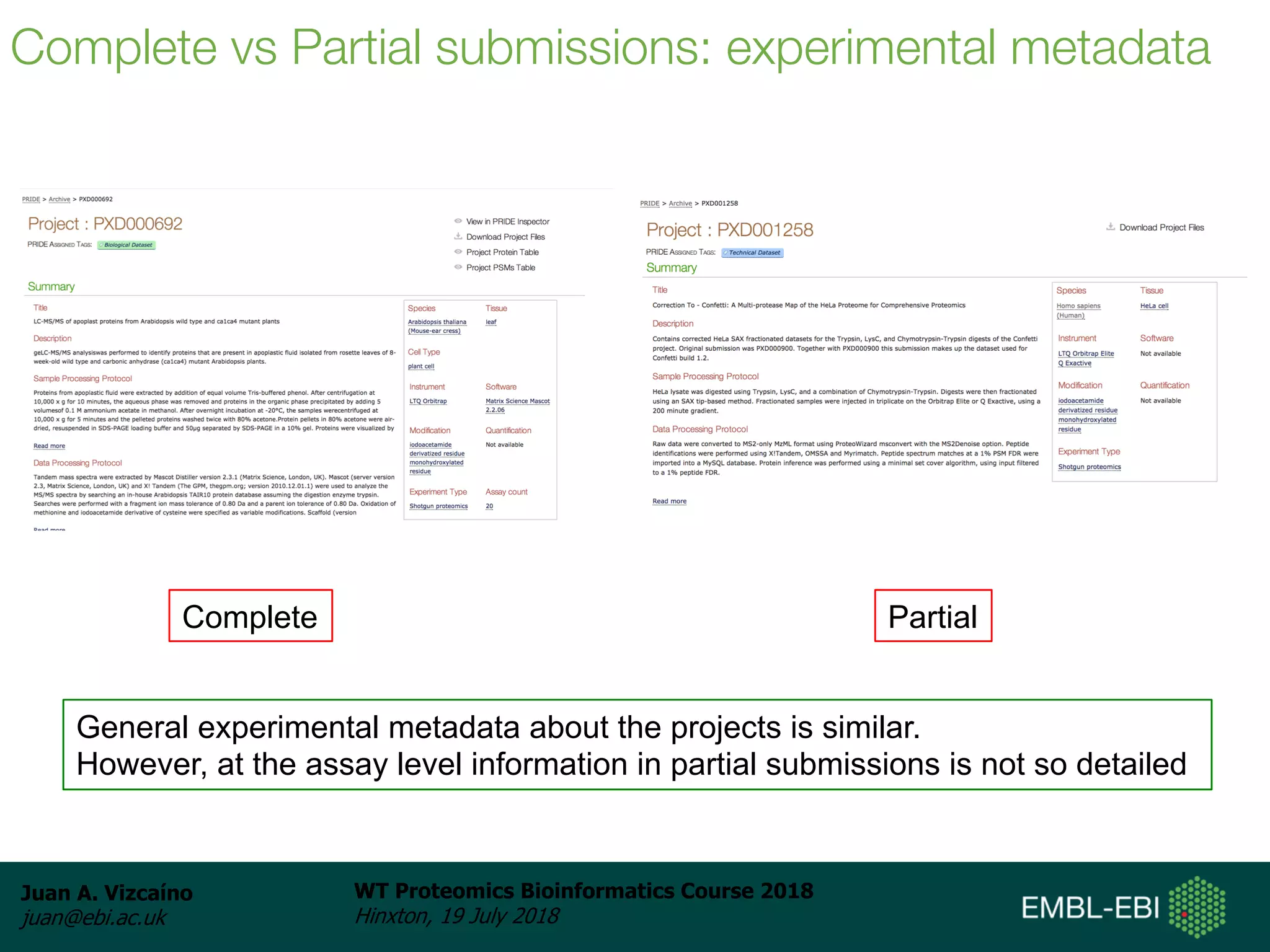 Juan A. Vizcaíno
juan@ebi.ac.uk
WT Proteomics Bioinformatics Course 2018
Hinxton, 19 July 2018
Complete vs Partial submissions: experimental metadata
Complete Partial
General experimental metadata about the projects is similar.
However, at the assay level information in partial submissions is not so detailed
 