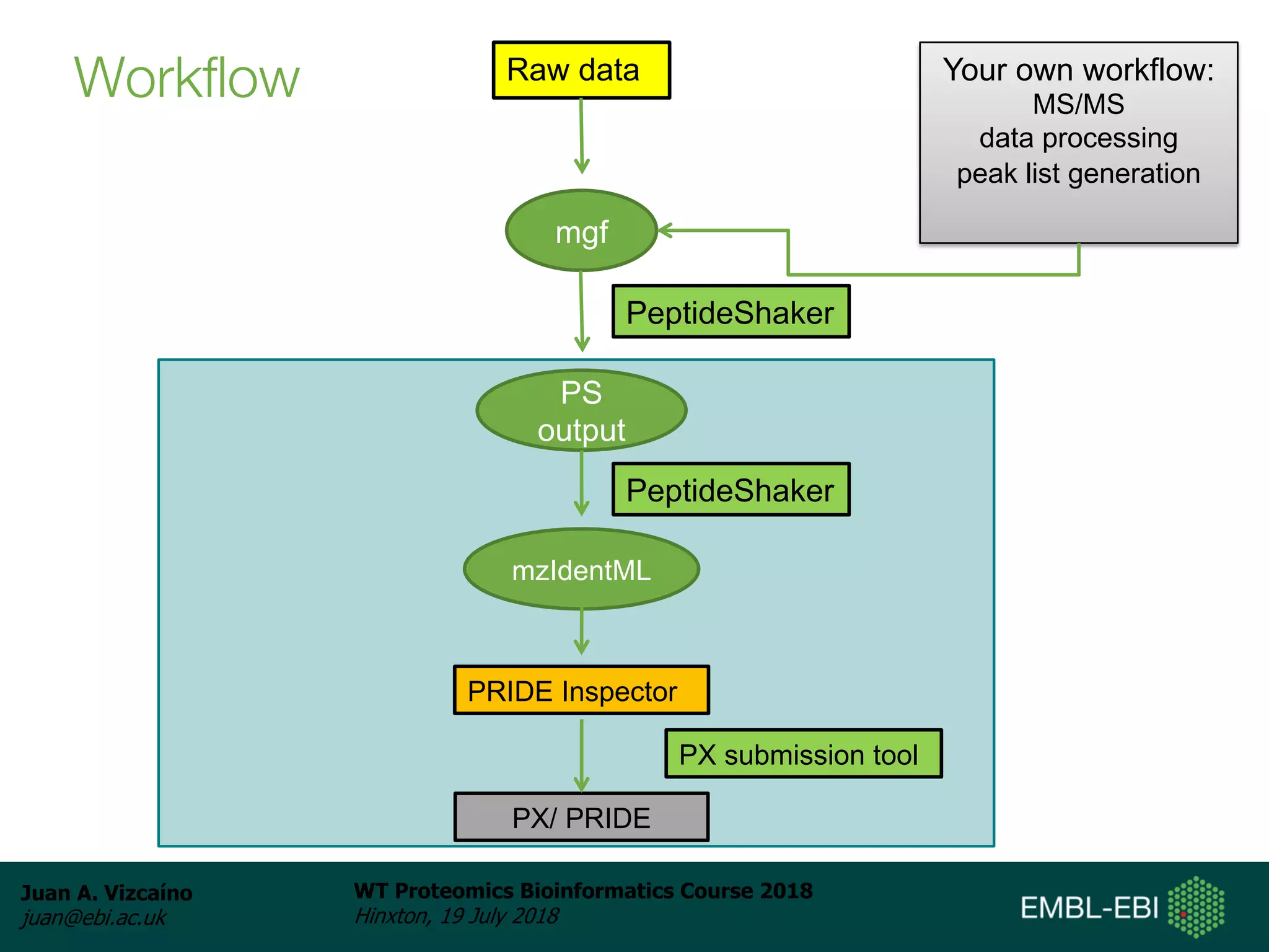 Juan A. Vizcaíno
juan@ebi.ac.uk
WT Proteomics Bioinformatics Course 2018
Hinxton, 19 July 2018
Workflow Raw data
mgf
PS
output
mzIdentML
PeptideShaker
PRIDE Inspector
PX/ PRIDE
Your own workflow:
MS/MS
data processing
peak list generation
PX submission tool
PeptideShaker
 