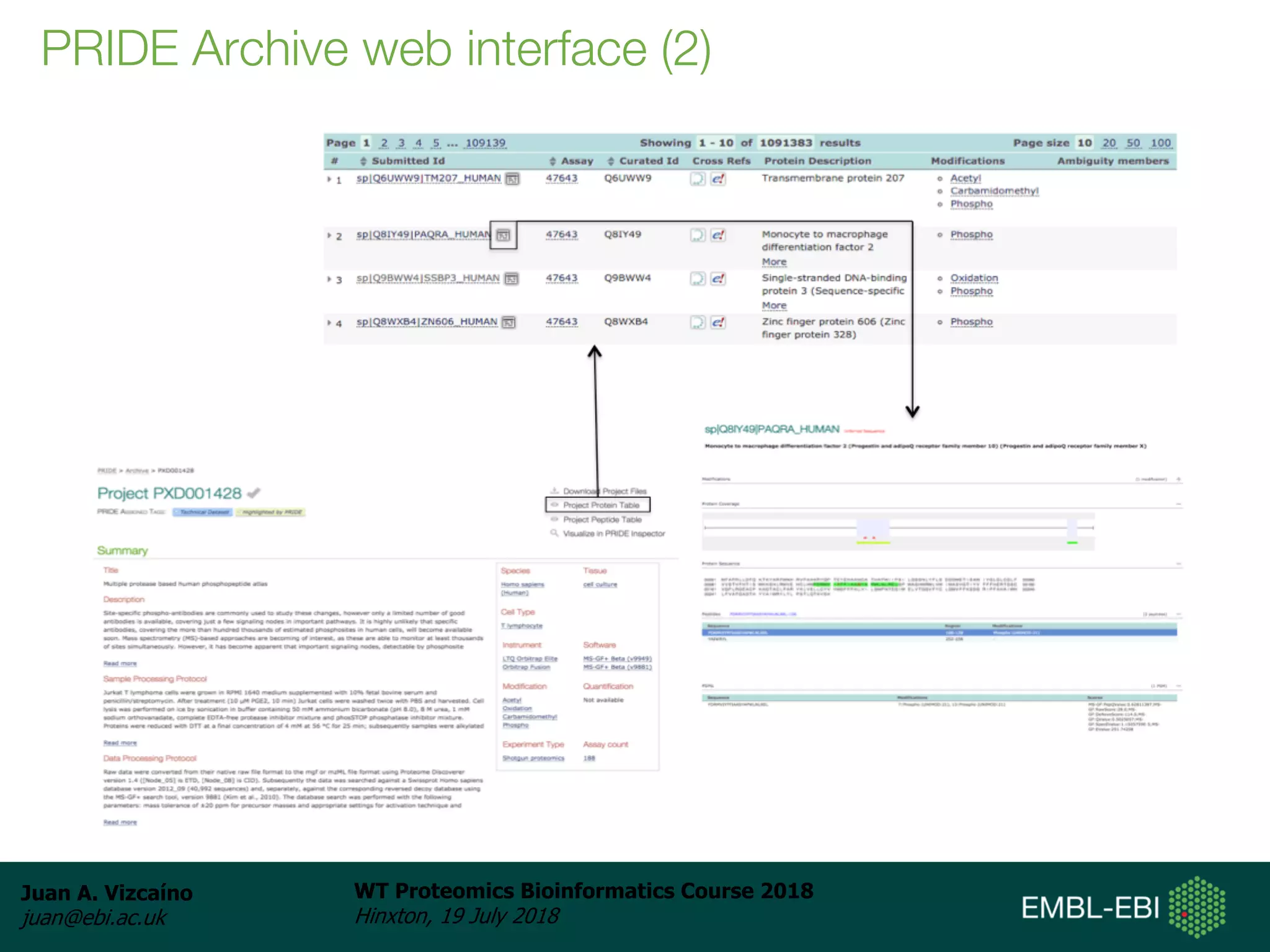 Juan A. Vizcaíno
juan@ebi.ac.uk
WT Proteomics Bioinformatics Course 2018
Hinxton, 19 July 2018
PRIDE Archive web interface (2)
 