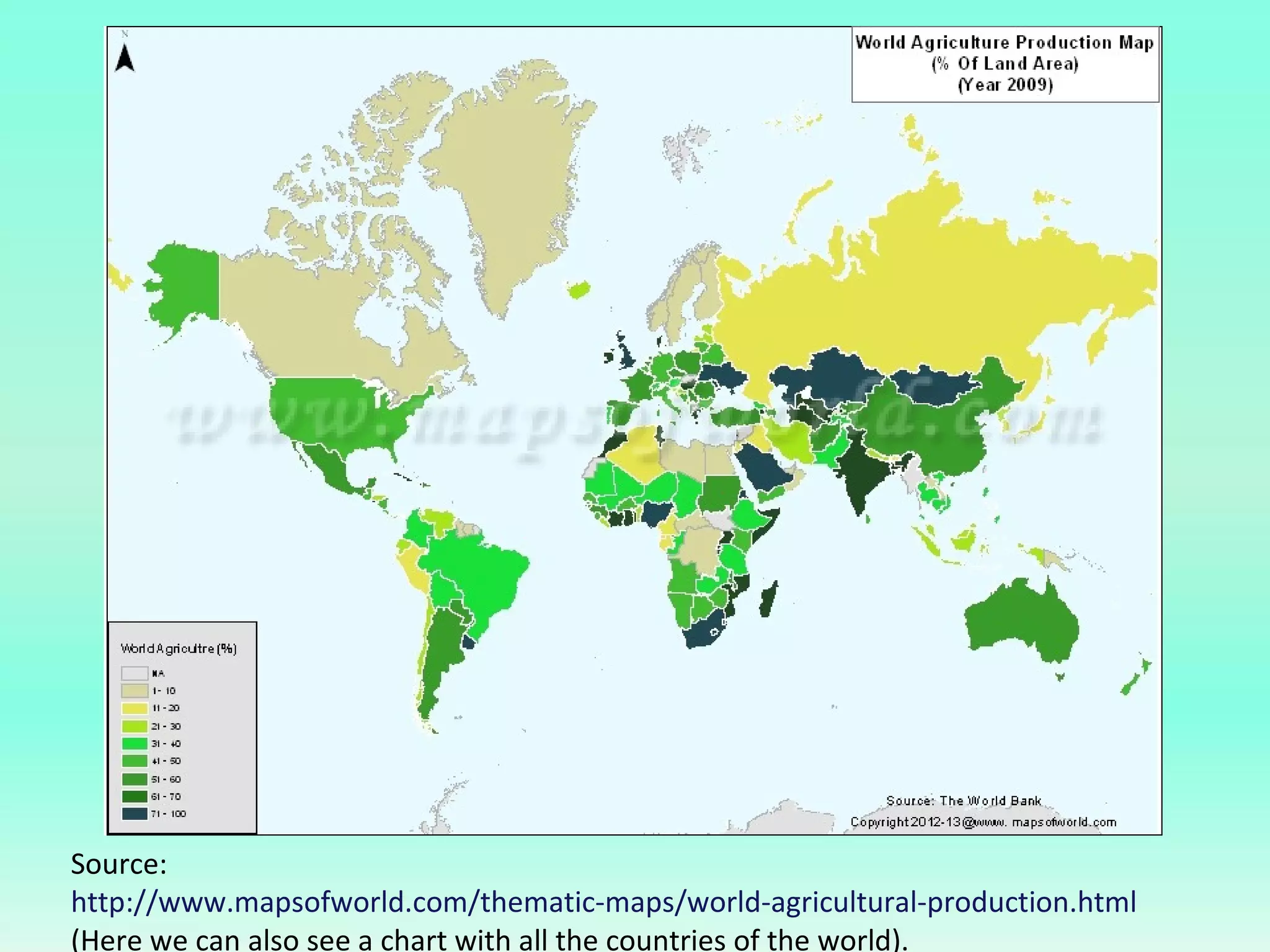 Source:
http://www.mapsofworld.com/thematic-maps/world-agricultural-production.html
(Here we can also see a chart with all the countries of the world).