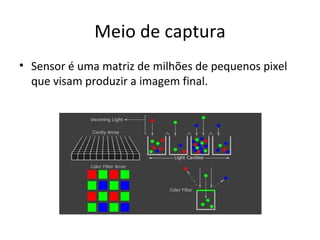 Meio de captura
• Sensor é uma matriz de milhões de pequenos pixel
  que visam produzir a imagem final.
 
