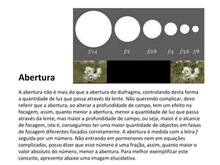 Abertura
A abertura não é mais do que a abertura do diafragma, controlando desta forma
a quantidade de luz que passa através da lente. Não querendo complicar, devo
referir que a abertura, ao alterar a profundidade de campo, tem um efeito na
focagem, assim, quanto menor a abertura, menor a quantidade de luz que passa
através da lente, mas maior a profundidade de campo, ou seja, maior é o alcance
de focagem, isto é, conseguimos ter uma maior quantidade de objectos em faixas
de focagem diferentes focados corretamente. A abertura é medida com a letra f
seguida por um número. Não entrando em pormenores nem em equações
complicadas, posso dizer que esse número é uma fração, assim, quanto maior o
valor absoluto do número, menor a abertura. Para melhor exemplificar este
conceito, apresento abaixo uma imagem elucidativa.
 