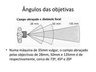 Ângulos das objetivas




• Numa máquina de 35mm vulgar, o campo abraçado
  pelas objectivas de 28mm, 50mm e 135mm é de
  respectivamente, cerca de 73º, 45º e 20º
 