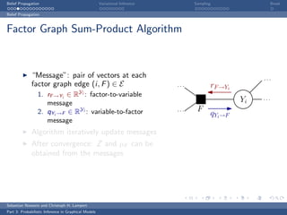 Belief Propagation                                    Variational Inference         Sampling               Break

Belief Propagation



Factor Graph Sum-Product Algorithm



              “Message”: pair of vectors at each                                                         ...
              factor graph edge (i, F ) ∈ E                                   ...          rF →Yi
                 1. rF →Yi ∈ RYi : factor-to-variable
                                                                                                    Yi   ...
                    message
                 2. qYi →F ∈ RYi : variable-to-factor                         ...    F
                                                                                           qYi →F
                    message
              Algorithm iteratively update messages
              After convergence: Z and µF can be
              obtained from the messages




Sebastian Nowozin and Christoph H. Lampert
Part 3: Probabilistic Inference in Graphical Models
 