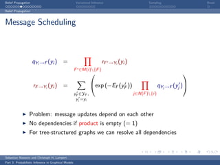 Belief Propagation                                     Variational Inference                      Sampling               Break

Belief Propagation



Message Scheduling



                     qYi →F (yi ) =                                       rF   →Yi (yi )
                                                      F ∈M(i){F }
                                                                                                                  

                     rF →Yi (yi ) =                              exp (−EF (yF ))                        qYj →F (yj )
                                                      yF ∈YF ,                             j∈N(F ){i}
                                                       yi =yi


                  Problem: message updates depend on each other
                  No dependencies if product is empty (= 1)
                  For tree-structured graphs we can resolve all dependencies



Sebastian Nowozin and Christoph H. Lampert
Part 3: Probabilistic Inference in Graphical Models
 