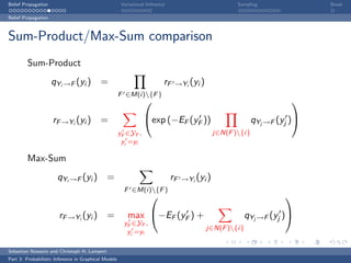 Belief Propagation                                     Variational Inference                           Sampling               Break

Belief Propagation



Sum-Product/Max-Sum comparison
         Sum-Product
                     qYi →F (yi ) =                                        rF   →Yi (yi )
                                                      F ∈M(i){F }
                                                                                                                       

                     rF →Yi (yi ) =                              exp (−EF (yF ))                             qYj →F (yj )
                                                      yF ∈YF ,                                  j∈N(F ){i}
                                                       yi =yi

         Max-Sum
                       qYi →F (yi )           =                                rF   →Yi (yi )
                                                        F ∈M(i){F }
                                                                                                                      

                       rF →Yi (yi ) =                     max −EF (yF ) +                                qYj →F (yj )
                                                        yF ∈YF ,
                                                                                            j∈N(F ){i}
                                                         yi =yi

Sebastian Nowozin and Christoph H. Lampert
Part 3: Probabilistic Inference in Graphical Models
 
