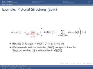 Belief Propagation                                    Variational Inference                  Sampling                       Break

Belief Propagation



Example: Pictorial Structures (cont)



                                                                                                                 

                rF →Yi (yi ) =                    max               −EF (yi , yj ) +                   qYj →F (yj ) (1)
                                          (yi ,yj )∈Yi ×Yj ,
                                                                                        j∈N(F ){i}
                                                 yi =yi



                  Because Yi is large (≈ 500k), Yi × Yj is too big
                  (Felzenszwalb and Huttenlocher, 2000) use special form for
                  EF (yi , yj ) so that (1) is computable in O(|Yi |)




Sebastian Nowozin and Christoph H. Lampert
Part 3: Probabilistic Inference in Graphical Models
 