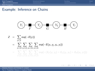 Belief Propagation                                    Variational Inference                     Sampling                 Break

Belief Propagation



Example: Inference on Chains



                              Yi                              Yj                    Yk                     Yl
                                              F                               G                 H

         Z       =               exp(−E (y ))
                         y ∈Y

                 =                                               exp(−E (yi , yj , yk , yl ))
                         yi ∈Yi yj ∈Yj yk ∈Yk yl ∈Yl

                 =                                               exp(−(EF (yi , yj ) + EG (yj , yk ) + EH (yk , yl )))
                         yi ∈Yi yj ∈Yj yk ∈Yk yl ∈Yl




Sebastian Nowozin and Christoph H. Lampert
Part 3: Probabilistic Inference in Graphical Models
 