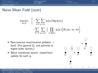 Belief Propagation                                    Variational Inference                            Sampling                    Break

Variational Inference



Naive Mean Field (cont)

                             argmax                   −                   qi (yi ) log qi (yi )
                                 q∈Q
                                                          i∈V yi ∈Yi

                                                  −                                     qi (yi ) EF (yF ; xF , w ) .
                                                       F ∈F yF ∈YF            i∈N(F )




              Non-concave maximization problem →
              hard. (For general EF and pairwise or                                                             F        qf
                                                                                                                         ˆ
              higher-order factors.)                                                                         µF

              Block coordinate ascent: closed-form                                                                  qi
                                                                                                  qh
                                                                                                  ˆ                           qj
                                                                                                                              ˆ
              update for each qi

                                                                                                           ql
                                                                                                           ˆ

Sebastian Nowozin and Christoph H. Lampert
Part 3: Probabilistic Inference in Graphical Models
 