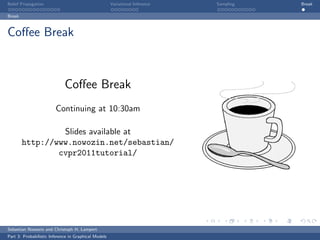Belief Propagation                                    Variational Inference   Sampling   Break

Break



Coﬀee Break



                             Coﬀee Break
                        Continuing at 10:30am

                 Slides available at
        http://www.nowozin.net/sebastian/
                cvpr2011tutorial/




Sebastian Nowozin and Christoph H. Lampert
Part 3: Probabilistic Inference in Graphical Models
 