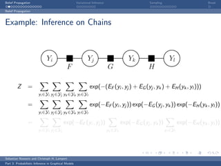 Belief Propagation                                    Variational Inference                        Sampling                         Break

Belief Propagation



Example: Inference on Chains



                              Yi                              Yj                          Yk                    Yl
                                              F                               G                    H

         Z      =                                               exp(−(EF (yi , yj ) + EG (yj , yk ) + EH (yk , yl )))
                        yi ∈Yi yj ∈Yj yk ∈Yk yl ∈Yl

                =                                               exp(−EF (yi , yj )) exp(−EG (yj , yk )) exp(−EH (yk , yl ))
                        yi ∈Yi yj ∈Yj yk ∈Yk yl ∈Yl

                =                          exp(−EF (yi , yj ))                         exp(−EG (yj , yk ))             exp(−EH (yk , yl ))
                        yi ∈Yi yj ∈Yj                                         yk ∈Yk                          yl ∈Yl




Sebastian Nowozin and Christoph H. Lampert
Part 3: Probabilistic Inference in Graphical Models
 