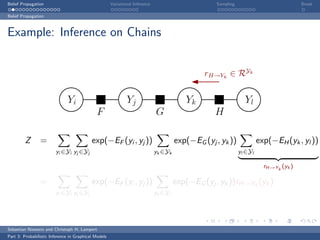 Belief Propagation                                    Variational Inference                         Sampling                            Break

Belief Propagation



Example: Inference on Chains


                                                                                                rH→Yk ∈ RYk


                              Yi                              Yj                          Yk                     Yl
                                              F                               G                    H

         Z      =                          exp(−EF (yi , yj ))                         exp(−EG (yj , yk ))              exp(−EH (yk , yl ))
                        yi ∈Yi yj ∈Yj                                         yk ∈Yk                           yl ∈Yl

                                                                                                                          rH→Yk (yk )

                =                          exp(−EF (yi , yj ))                         exp(−EG (yj , yk ))rH→Yk (yk )
                        yi ∈Yi yj ∈Yj                                         yk ∈Yi




Sebastian Nowozin and Christoph H. Lampert
Part 3: Probabilistic Inference in Graphical Models
 