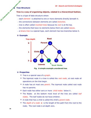 fo
.in
rs
de
ea

AI - Search and Control strategies

or

ty

,w

w

w

.m

yr

• Tree Structure
Tree is a way of organizing objects, related in a hierarchical fashion.

ha

kr

ab

Tree is a type of data structure where

R

C

C

− each element is attached to one or more elements directly beneath it.
− the connections between elements are called branches.
− tree is often called inverted trees because its root is at the top.
− the elements that have no elements below them are called leaves.
− a binary tree is a special type, each element has two branches below it.

◊ Example

Root

Tree depth

Parent

0

1

Child

B

2

D

E

A

C

F

Leaves

G

H

Goal Node

Fig. A simple example unordered tree

◊ Properties
‡ Tree is a special case of a graph.
‡ The topmost node in a tree is called the root node; at root node all

operations on the tree begin.
‡ A node has at most one parent. The topmost node called root node

has no parents.
‡ Each node has either zero or more child nodes below it .
‡ The Nodes

at the bottom most level of the tree are called leaf

nodes. The leaf nodes do not have children.
‡ A node that has a child is called the child's parent node.
‡ The depth of a node n is the length of the path from the root to the

node; The root node is at depth zero.
26

 