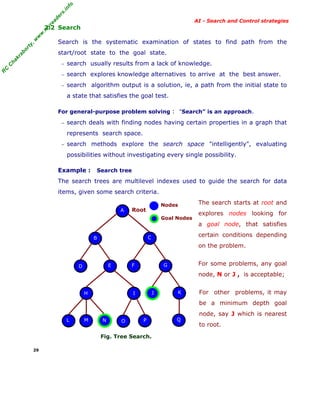 fo
.in
rs
de
ea

AI - Search and Control strategies

or

ty

,w

w

w

.m

yr

2.2 Search
Search is the systematic examination of states to find path from the

kr

ab

start/root state to the goal state.

C

C

ha

− search usually results from a lack of knowledge.

R

− search explores knowledge alternatives to arrive at the best answer.
− search

algorithm output is a solution, ie, a path from the initial state to

a state that satisfies the goal test.
For general-purpose problem solving : "Search" is an approach.
− search deals with finding nodes having certain properties in a graph that

represents search space.
− search methods

explore the search space "intelligently", evaluating

possibilities without investigating every single possibility.
Example :

Search tree

The search trees are multilevel indexes used to guide the search for data
items, given some search criteria.
A

Nodes

Root

Goal Nodes

explores nodes looking for
a goal node, that satisfies
certain conditions depending

C

B

The search starts at root and

on the problem.
For some problems, any goal

G

F

E

D

node, N or J , is acceptable;
H

J

I

K

For other problems, it may
be a minimum depth goal

L

M

N

O

P

Fig. Tree Search.
29

Q

node, say J which is nearest
to root.

 