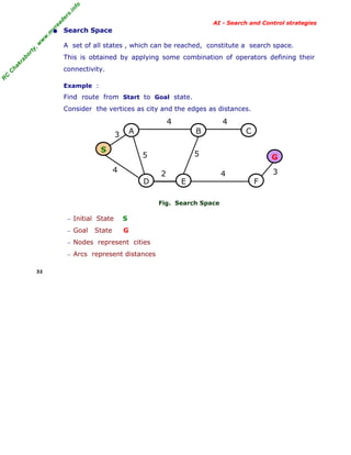 fo
.in
rs
de
ea

AI - Search and Control strategies

or

ty

,w

w

w

.m

yr

• Search Space
A set of all states , which can be reached, constitute a search space.

kr

ab

This is obtained by applying some combination of operators defining their

R

C

C

ha

connectivity.
Example :

Find route from Start to Goal state.
Consider the vertices as city and the edges as distances.

4

4

A

3
S

B
5

5
4
D

2

E

Fig. Search Space
− Initial State

S

− Goal

G

State

− Nodes represent cities
− Arcs represent distances
32

C
G
4

3
F

 