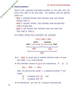 fo
.in
rs
de
ea

AI - Search and Control strategies

or

ty

,w

w

w

.m

yr

• Search notations
Search is the systematic examination of states to find path from the

kr

ab

start or root state to the goal state.

The notations used for defining

C

C

ha

search are

R

− f(n) is evaluation function that estimates least cost solution

through node n.
− h(n) is heuristic function

that estimates least cost path from

node n to goal node.
− g(n) is cost function that estimates least cost path from

start node to node n.
The relation among three parameters are expressed
f (n) = g(n) + h(n)
actual

estimate

Start

n
g(n)

Goal
h(n)

f(n)

◊ If

h(n)

then h(n)

≤ actual cost of shortest path from node n to goal
is an under-estimate.

◊ The estimated values of f , g , h are expressed as

^
f(n) =

^
g(n)

+

^
F,

^
g,

^
h(n)

Note: For easy to write, symbol ^ is replaced by symbol * and
written

^
g

is replaced with

g*

^
h

is replaced with

h*

◊ The estimates of
34

g* and

h*

and

are given in the next slide

^
h

 