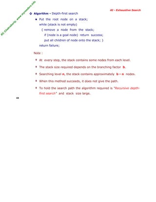fo
.in
rs
de
ea
yr
.m
w
w
,w
ty

AI - Exhaustive Search

◊ Algorithm - Depth-first search
■ Put the root node on a stack;

kr

ab

or

while (stack is not empty)

C

ha

{ remove a node from the stack;

R

C

if (node is a goal node) return success;
put all children of node onto the stack; }
return failure;
Note :
‡ At every step, the stack contains some nodes from each level.
‡ The stack size required depends on the branching factor b.
‡ Searching level n, the stack contains approximately b ∗ n nodes.
‡ When this method succeeds, it does not give the path.
‡ To hold the search path the algorithm required is “Recursive depth-

first search” and stack size large.
49

 