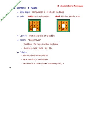 fo
.in
rs
de
ea

AI - Heuristic Search Techniques

◊ State space: Configuration of 8- tiles on the board

ab

or

ty

,w

w

w

.m

yr

• Example : 8 - Puzzle

Initial: any configuration

Goal: tiles in a specific order

R

C

C

ha

kr

◊ state

1 2 3
7 8 4
6
5

1 2 3
8
4
7 6 5

◊ Solution: optimal sequence of operators
◊ Action:

“blank moves”

-

Condition: the move is within the board

-

Directions: Left, Right, Up,

Dn

◊ Problem
- which 8-puzzle move is best?
- what heuristic(s) can decide?
- which move is “best” (worth considering first) ?
56

 