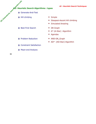 fo
.in
rs
de
ea

AI - Heuristic Search Techniques

◊ Generate-And-Test

ab

or

ty

,w

w

w

.m

yr

4.3 Heuristic Search Algorithms : types

■

OR Graph
A* (A-Star) Algorithm

■

Agendas

■

AND-OR_Graph

■

ha

Simulated Anealing

■

C

Steepest-Ascent Hill climbing

■

C

Simple

AO* (AO-Star) Algorithm

R

■
■

kr

◊ Hill climbing

◊ Best First Search

◊ Problem Reduction
◊ Constraint Satisfaction
◊ Mean-end Analysis
59

 