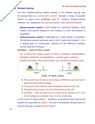 fo
.in
rs
de
ea

AI - General Problem solving

or

ty

,w

w

w

.m

yr

• Problem Solving
The term Problem Solving relates analysis in AI. Problem solving may

ha

kr

ab

be characterized as a systematic search

through a range of possible
solution. Problem-solving

R

C

C

actions to reach some predefined goal or

methods are categorized as special purpose and general purpose.
− Special-purpose method is tailor-made for a particular problem, often

exploits very specific features of the situation in which the problem is
embedded.
− General-purpose method is applicable to a wide variety of problems.

One general-purpose technique used in AI is "means-end analysis". It is
a step-by-step, or incremental, reduction of the difference between
current state and final goal.
Examples : Tower of Hanoi puzzle
− For a Robot this might consist of PICKUP, PUTDOWN, MOVEFORWARD,

MOVEBACK, MOVELEFT, and MOVERIGHT—until the goal is reached.
− Puzzles and Games have explicit rules : e.g., the Tower of Hanoi puzzle.

(a)

(b)

Start

Final
Tower of Hanoi puzzle.

◊ This puzzle may involves a set of rings of different sizes that can be
placed on three different pegs.
◊ The puzzle starts with the rings arranged as shown in Fig. (a)
◊ The goal of this puzzle is to move them all as to Fig. (b)
◊ Condition : Only the top ring on a peg can be moved, and it may
only be placed on a smaller ring, or on an empty peg.
In this Tower of Hanoi puzzle :

Situations encountered while solving the

problem are described as states. The set of all possible configurations of
rings on the pegs is called problem space.
07

 