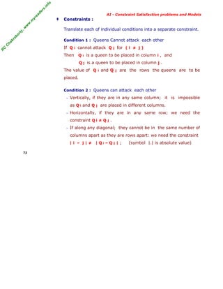 fo
.in
rs
de
ea
yr

‡

Constraints :
Translate each of individual conditions into a separate constraint.

ab

or

ty

,w

w

w

.m

AI - Constraint Satisfaction problems and Models

C

ha

kr

Condition 1 : Queens Cannot attack each other

R

C

If Q
Then

i

cannot attack Q
Q

i

for ( i ≠ j )

j

is a queen to be placed in column i , and

Q j is a queen to be placed in column j .

The value of Q

i

and Q

j

are the rows the queens are to be

placed.
Condition 2 : Queens can attack each other
− Vertically, if they are in any same column;

as Q i and Q

j

it is impossible

are placed in different columns.

− Horizontally, if they are in any same row; we need the

constraint Q i ≠ Q j .
− If along any diagonal; they cannot be in the same number of

columns apart as they are rows apart: we need the constraint
|i – j|≠
72

| Qi – Q j | ;

(symbol |.| is absolute value)

 