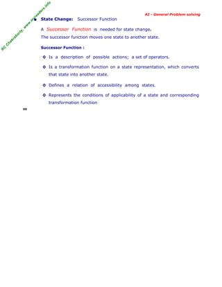 fo
.in
rs
de
ea

AI - General Problem solving

or

ty

,w

w

w

.m

yr

• State Change: Successor Function
A Successor Function is needed for state change.

C

ha

kr

ab

The successor function moves one state to another state.

R

C

Successor Function :

◊ Is a description of possible actions; a set of operators.
◊ Is a transformation function on a state representation, which converts
that state into another state.
◊ Defines a relation of accessibility among states.
◊ Represents the conditions of applicability of a state and corresponding
transformation function
09

 