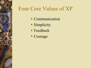 Four Core Values of XP
 Communication
 Simplicity
 Feedback
 Courage
 