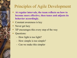 Principles of Agile Development
 At regular intervals, the team reflects on how to
become more effective, then tunes and adjusts its
behavior accordingly.
 Constant awareness is key
 Never get lazy
 XP encourages this every step of the way
 Questions:
– How light is too light?
– How simple is too simple?
– Can we make this simpler
 