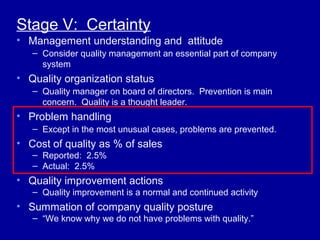 Stage V: Certainty
• Management understanding and attitude
   – Consider quality management an essential part of company
     system
• Quality organization status
   – Quality manager on board of directors. Prevention is main
     concern. Quality is a thought leader.
• Problem handling
   – Except in the most unusual cases, problems are prevented.
• Cost of quality as % of sales
   – Reported: 2.5%
   – Actual: 2.5%
• Quality improvement actions
   – Quality improvement is a normal and continued activity
• Summation of company quality posture
   – “We know why we do not have problems with quality.”
 