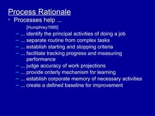 Process Rationale
• Processes help ...
        [Humphrey1995]
  –   ... identify the principal activities of doing a job
  –   ... separate routine from complex tasks
  –   ... establish starting and stopping criteria
  –   ... facilitate tracking progress and measuring
          performance
  –   ... judge accuracy of work projections
  –   ... provide orderly mechanism for learning
  –   ... establish corporate memory of necessary activities
  –   ... create a defined baseline for improvement
 