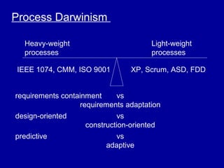Process Darwinism

  Heavy-weight                        Light-weight
  processes                           processes

IEEE 1074, CMM, ISO 9001        XP, Scrum, ASD, FDD


requirements containment    vs
                  requirements adaptation
design-oriented              vs
                   construction-oriented
predictive                 vs
                         adaptive
 