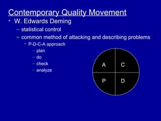 Contemporary Quality Movement
• W. Edwards Deming
  – statistical control
  – common method of attacking and describing problems
     • P-D-C-A approach
         – plan
         – do
         – check                   A      C
         – analyze

                                   P      D
 