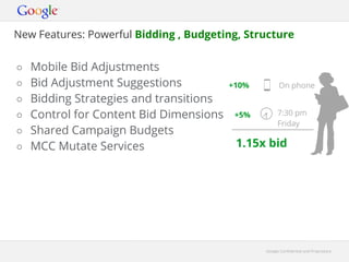 New Features: Powerful Bidding , Budgeting, Structure


○ Mobile Bid Adjustments
○ Bid Adjustment Suggestions            +10%         On phone
○ Bidding Strategies and transitions
○ Control for Content Bid Dimensions     +5%         7:30 pm
                                                     Friday
○ Shared Campaign Budgets
○ MCC Mutate Services                    1.15x bid




                                               Google Confidential and Proprietary
 