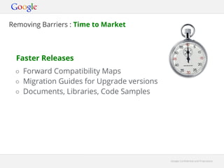 Removing Barriers : Time to Market



  Faster Releases
 ○ Forward Compatibility Maps
 ○ Migration Guides for Upgrade versions
 ○ Documents, Libraries, Code Samples




                                           Google Confidential and Proprietary
 