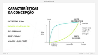 CARACTERÍSTICAS
DA CONCEPÇÃO
INCERTEZA E RISCO
IMPACTO DO INÍCIO NO FIM
CICLO FECHADO
COMPLEXIDADE
VISÃO DE LONGO PRAZO
Custo
DESENVOL-
VIMENTO
CUSTO
INCORRIDO
CUSTO
COMPROMETIDO
Tempo
PRODUÇÃO
80 a
90%
Margem para
redução de
custos na
produção
10 a 20%
 