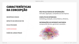 CARACTERÍSTICAS
DA CONCEPÇÃO
INCERTEZA E RISCO
IMPACTO DO INÍCIO NO FIM
CICLO FECHADO
COMPLEXIDADE
VISÃO DE LONGO PRAZO
MÚLTIPLAS FONTES DE INFORMAÇÕES
mercado, legislação, competências da empresa
CONFLITO DE INTERESSES
marketing, produção, consumidores, diretoria...
INFORMAÇÕES DE DIFERENTE NATUREZA
componente técnico, gerencial, conceitos...
 