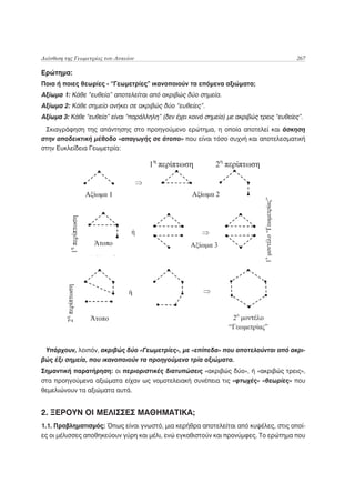 Διάνθιση της Γεωμετρίας του Λυκείου                                                       267

Ερώτημα:
Ποια ή ποιες θεωρίες - “Γεωμετρίες” ικανοποιούν τα επόμενα αξιώματα;
Αξίωμα 1: Κάθε “ευθεία” αποτελείται από ακριβώς δύο σημεία.
Αξίωμα 2: Κάθε σημείο ανήκει σε ακριβώς δύο “ευθείες”.
Αξίωμα 3: Κάθε “ευθεία” είναι “παράλληλη” (δεν έχει κοινό σημείο) με ακριβώς τρεις “ευθείες”.
 Σκιαγράφηση της απάντησης στο προηγούμενο ερώτημα, η οποία αποτελεί και άσκηση
στην αποδεικτική μέθοδο «απαγωγής σε άτοπο» που είναι τόσο συχνή και αποτελεσματική
στην Ευκλείδεια Γεωμετρία:




 Υπάρχουν, λοιπόν, ακριβώς δύο «Γεωμετρίες», με «επίπεδα» που αποτελούνται από ακρι-
βώς έξι σημεία, που ικανοποιούν τα προηγούμενα τρία αξιώματα.
Σημαντική παρατήρηση: οι περιοριστικές διατυπώσεις «ακριβώς δύο», ή «ακριβώς τρεις»,
στα προηγούμενα αξιώματα είχαν ως νομοτελειακή συνέπεια τις «φτωχές» «θεωρίες» που
θεμελιώνουν τα αξιώματα αυτά.


2. ΞΕΡΟΥΝ ΟΙ ΜΕΛΙΣΣΕΣ ΜΑΘΗΜΑΤΙΚΑ;
1.1. Προβληματισμός: Όπως είναι γνωστό, μια κερήθρα αποτελείται από κυψέλες, στις οποί-
ες οι μέλισσες αποθηκεύουν γύρη και μέλι, ενώ εγκαθιστούν και προνύμφες. Το ερώτημα που
 