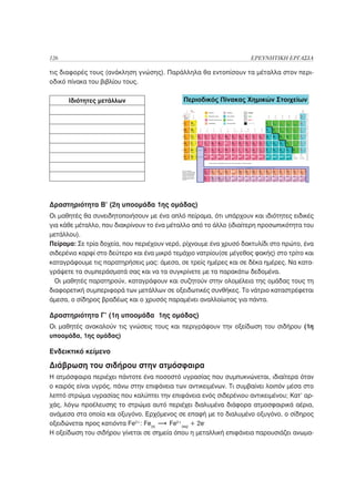 126                                                                ΕΡΕΥΝΗΤΙΚΗ ΕΡΓΑΣΙΑ

τις διαφορές τους (ανάκληση γνώσης). Παράλληλα θα εντοπίσουν τα μέταλλα στον περι-
οδικό πίνακα του βιβλίου τους.

      Ιδιότητες μετάλλων




Δραστηριότητα Β’ (2η υποομάδα 1ης ομάδας)
Οι μαθητές θα συνειδητοποιήσουν με ένα απλό πείραμα, ότι υπάρχουν και ιδιότητες ειδικές
για κάθε μέταλλο, που διακρίνουν το ένα μέταλλο από το άλλο (ιδιαίτερη προσωπικότητα του
μετάλλου).
Πείραμα: Σε τρία δοχεία, που περιέχουν νερό, ρίχνουμε ένα χρυσό δακτυλίδι στο πρώτο, ένα
σιδερένιο καρφί στο δεύτερο και ένα μικρό τεμάχιο νατρίου(σε μέγεθος φακής) στο τρίτο και
καταγράφουμε τις παρατηρήσεις μας: άμεσα, σε τρείς ημέρες και σε δέκα ημέρες. Να κατα-
γράψετε τα συμπεράσματά σας και να τα συγκρίνετε με τα παρακάτω δεδομένα.
  Οι μαθητές παρατηρούν, καταγράφουν και συζητούν στην ολομέλεια της ομάδας τους τη
διαφορετική συμπεριφορά των μετάλλων σε οξειδωτικές συνθήκες. Το νάτριο καταστρέφεται
άμεσα, ο σίδηρος βραδέως και ο χρυσός παραμένει αναλλοίωτος για πάντα.

Δραστηριότητα Γ’ (1η υποομάδα 1ης ομάδας)
Οι μαθητές ανακαλούν τις γνώσεις τους και περιγράφουν την οξείδωση του σιδήρου (1η
υποομάδα, 1ης ομάδας)

Ενδεικτικό κείμενο

Διάβρωση του σιδήρου στην ατμόσφαιρα
Η ατμόσφαιρα περιέχει πάντοτε ένα ποσοστό υγρασίας που συμπυκνώνεται, ιδιαίτερα όταν
ο καιρός είναι υγρός, πάνω στην επιφάνεια των αντικειμένων. Τι συμβαίνει λοιπόν μέσα στο
λεπτό στρώμα υγρασίας που καλύπτει την επιφάνεια ενός σιδερένιου αντικειμένου; Κατ’ αρ-
χάς, λόγω προέλευσης το στρώμα αυτό περιέχει διαλυμένα διάφορα ατμοσφαιρικά αέρια,
ανάμεσα στα οποία και οξυγόνο. Ερχόμενος σε επαφή με το διαλυμένο οξυγόνο, ο σίδηρος
οξειδώνεται προς κατιόντα Fe2+: Fe(s)  Fe2+(aq) + 2e-
Η οξείδωση του σιδήρου γίνεται σε σημεία όπου η μεταλλική επιφάνεια παρουσιάζει ανωμα-
 