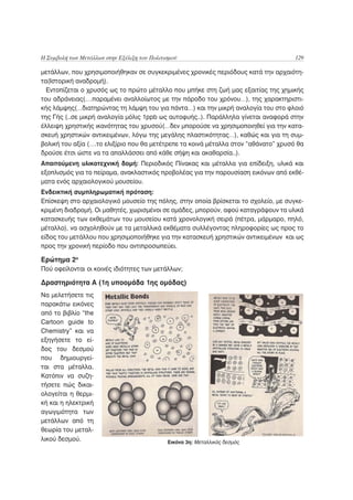 Η Συμβολή των Μετάλλων στην Εξέλιξη του Πολιτισμού                                   129

μετάλλων, που χρησιμοποιήθηκαν σε συγκεκριμένες χρονικές περιόδους κατά την αρχαιότη-
τα(Ιστορική αναδρομή).
  Εντοπίζεται ο χρυσός ως το πρώτο μέταλλο που μπήκε στη ζωή μας εξαιτίας της χημικής
του αδράνειας(….παραμένει αναλλοίωτος με την πάροδο του χρόνου…), της χαρακτηριστι-
κής λάμψης(…διατηρώντας τη λάμψη του για πάντα…) και την μικρή αναλογία του στο φλοιό
της Γής (..σε μικρή αναλογία μόλις 1ppb ως αυτοφυής..). Παράλληλα γίνεται αναφορά στην
έλλειψη χρηστικής ικανότητας του χρυσού(…δεν μπορούσε να χρησιμοποιηθεί για την κατα-
σκευή χρηστικών αντικειμένων, λόγω της μεγάλης πλαστικότητας…), καθώς και για τη συμ-
βολική του αξία (….το ελιξίριο που θα μετέτρεπε τα κοινά μέταλλα στον “αθάνατο” χρυσό θα
δρούσε έτσι ώστε να τα απαλλάσσει από κάθε σήψη και ακαθαρσία..).
Απαιτούμενη υλικοτεχνική δομή: Περιοδικός Πίνακας και μέταλλα για επίδειξη, υλικά και
εξοπλισμός για το πείραμα, ανακλαστικός προβολέας για την παρουσίαση εικόνων από εκθέ-
ματα ενός αρχαιολογικού μουσείου.
Ενδεικτική συμπληρωματική πρόταση:
Επίσκεψη στο αρχαιολογικό μουσείο της πόλης, στην οποία βρίσκεται το σχολείο, με συγκε-
κριμένη διαδρομή. Οι μαθητές, χωρισμένοι σε ομάδες, μπορούν, αφού καταγράψουν τα υλικά
κατασκευής των εκθεμάτων του μουσείου κατά χρονολογική σειρά (πέτρα, μάρμαρο, πηλό,
μέταλλο), να ασχοληθούν με τα μεταλλικά εκθέματα συλλέγοντας πληροφορίες ως προς το
είδος του μετάλλου που χρησιμοποιήθηκε για την κατασκευή χρηστικών αντικειμένων και ως
προς την χρονική περίοδο που αντιπροσωπεύει.

Ερώτημα 2ο
Πού οφείλονται οι κοινές ιδιότητες των μετάλλων;

Δραστηριότητα Α (1η υποομάδα 1ης ομάδας)
Να μελετήσετε τις
παρακάτω εικόνες
από το βιβλίο “the
Cartoon guide to
Chemistry” και να
εξηγήσετε το εί-
δος του δεσμού
που δημιουργεί-
ται στα μέταλλα.
Κατόπιν να συζη-
τήσετε πώς δικαι-
ολογείται η θερμι-
κή και η ηλεκτρική
αγωγιμότητα των
μετάλλων από τη
θεωρία του μεταλ-
λικού δεσμού.                                 Εικόνα 3η: Μεταλλικός δεσμός
 