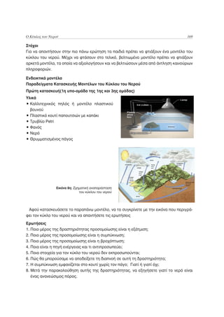 Ο Κύκλος του Νερού                                                                 169

Στόχοι
Για να απαντήσουν στην πιο πάνω ερώτηση τα παιδιά πρέπει να φτιάξουν ένα μοντέλο του
κύκλου του νερού. Μέχρι να φτάσουν στο τελικό, βελτιωμένο μοντέλο πρέπει να φτιάξουν
αρκετά μοντέλα, τα οποία να αξιολογήσουν και να βελτιώσουν μέσα από άντληση καινούριων
πληροφοριών.

Ενδεικτικά μοντέλα
Παραδείγματα Κατασκευής Μοντέλων του Κύκλου του Νερού
Πρώτη κατασκευή(1η υπο-ομάδα της 1ης και 3ης ομάδας)
Υλικά
• Καλλιτεχνικός πηλός ή μοντέλο πλαστικού
  βουνού
• Πλαστικό κουτί παπουτσιών με καπάκι
• Τρυβλίο Petri
• Φανός
• Νερό
• Θρυμματισμένος πάγος




                Εικόνα 8η: Σχηματική αναπαράσταση
                              του κύκλου του νερού




 Αφού κατασκευάσετε το παραπάνω μοντέλο, να το συγκρίνετε με την εικόνα που περιγρά-
φει τον κύκλο του νερού και να απαντήσετε τις ερωτήσεις
Ερωτήσεις
1. Ποιο μέρος της δραστηριότητας προσομοίωσης είναι η εξάτμιση;
2. Ποιο μέρος της προσομοίωσης είναι η συμπύκνωση;
3. Ποιο μέρος της προσομοίωσης είναι η βροχόπτωση;
4. Ποια είναι η πηγή ενέργειας και τι αντιπροσωπεύει;
5. Ποια στοιχεία για τον κύκλο του νερού δεν εκπροσωπούνται;
6. Πώς θα μπορούσαμε να αποδείξετε τη διαπνοή σε αυτή τη δραστηριότητα;
7. Η συμπύκνωση εμφανίζεται στο κουτί χωρίς τον πάγο; Γιατί ή γιατί όχι;
8. Μετά την παρακολούθηση αυτής της δραστηριότητας, να εξηγήσετε γιατί το νερό είναι
   ένας ανανεώσιμος πόρος.
 