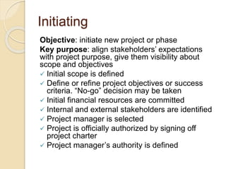 Initiating
Objective: initiate new project or phase
Key purpose: align stakeholders’ expectations
with project purpose, give them visibility about
scope and objectives
 Initial scope is defined
 Define or refine project objectives or success
criteria. “No-go” decision may be taken
 Initial financial resources are committed
 Internal and external stakeholders are identified
 Project manager is selected
 Project is officially authorized by signing off
project charter
 Project manager’s authority is defined
 