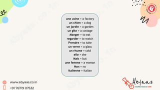 une usine = a factory
un chien = a dog
un jardin = a garden
un gîte = a cottage
Manger = to eat
regarder = to watch
Prendre = to take
un verre = a glass
un rhume = cold
elle = she
Mais = but
une femme = a woman
Non = no
italienne = italian
https://youtu.be/lyCW0K1vnGk?feature=shared
For Audio of these words click the below link
 