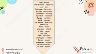 Sans = without
une chambre = a bedroom
Lent = slow
le temps = the weather
un client = a customer
un matin = a morning
important = important
Sympa = nice,kind
Lundi = monday
un parfum = a perfume
plein = full
Reims = reims
une main = a hand
la faim = hunger
loin = far
Bien = well/good
un citoyen = a citizen
Coréen = korean
un examen = an exam
ils sont = they are
un nom = a name
https://youtu.be/lyCW0K1vnGk?feature=shared
 