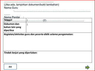 ....................................................................
(Jika ada, lampirkan dokumen/bukti tambahan)
Nama Guru
             :.........................................................................................................
........
Nama Penilai :
Tanggal                        :
(1).................................................(2)....................................................
Dokumen dan                    :
bahan lain yang
diperiksa
Kegiatan/aktivitas guru dan peserta didik selama pengamatan:




Tindak lanjut yang diperlukan:




      dst
 
