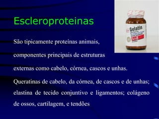Escleroproteinas
São tipicamente proteínas animais,
componentes principais de estruturas
externas como cabelo, córnea, cascos e unhas.
Queratinas de cabelo, da córnea, de cascos e de unhas;
elastina de tecido conjuntivo e ligamentos; colágeno
de ossos, cartilagem, e tendões
 