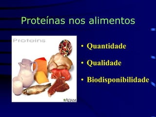Proteínas nos alimentos
• Quantidade
• Qualidade
• Biodisponibilidade
 