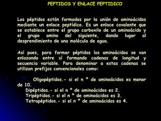PEPTIDOS Y ENLACE PEPTIDICO
Los péptidos están formados por la unión de aminoácidos
mediante un enlace peptídico. Es un en...