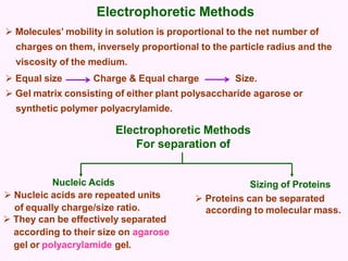 Electrophoretic Methods
 Molecules’ mobility in solution is proportional to the net number of
charges on them, inversely proportional to the particle radius and the
viscosity of the medium.
 Equal size Charge & Equal charge Size.
 Gel matrix consisting of either plant polysaccharide agarose or
synthetic polymer polyacrylamide.
Electrophoretic Methods
For separation of
Nucleic Acids
 Nucleic acids are repeated units
of equally charge/size ratio.
 They can be effectively separated
according to their size on agarose
gel or polyacrylamide gel.
Sizing of Proteins
 Proteins can be separated
according to molecular mass.
 