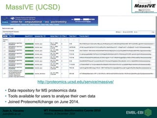 Juan A. Vizcaíno
juan@ebi.ac.uk
WT Proteomics Bioinformatics Course 2016
Hinxton, 8 December 2016
MassIVE (UCSD)
http://proteomics.ucsd.edu/service/massive/
• Data repository for MS proteomics data
• Tools available for users to analyse their own data
• Joined ProteomeXchange on June 2014.
 
