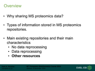 Juan A. Vizcaíno
juan@ebi.ac.uk
WT Proteomics Bioinformatics Course 2016
Hinxton, 8 December 2016
• Why sharing MS proteomics data?
• Types of information stored in MS proteomics
repositories.
• Main existing repositories and their main
characteristics
• No data reprocessing
• Data reprocessing
• Other resources
Overview
 